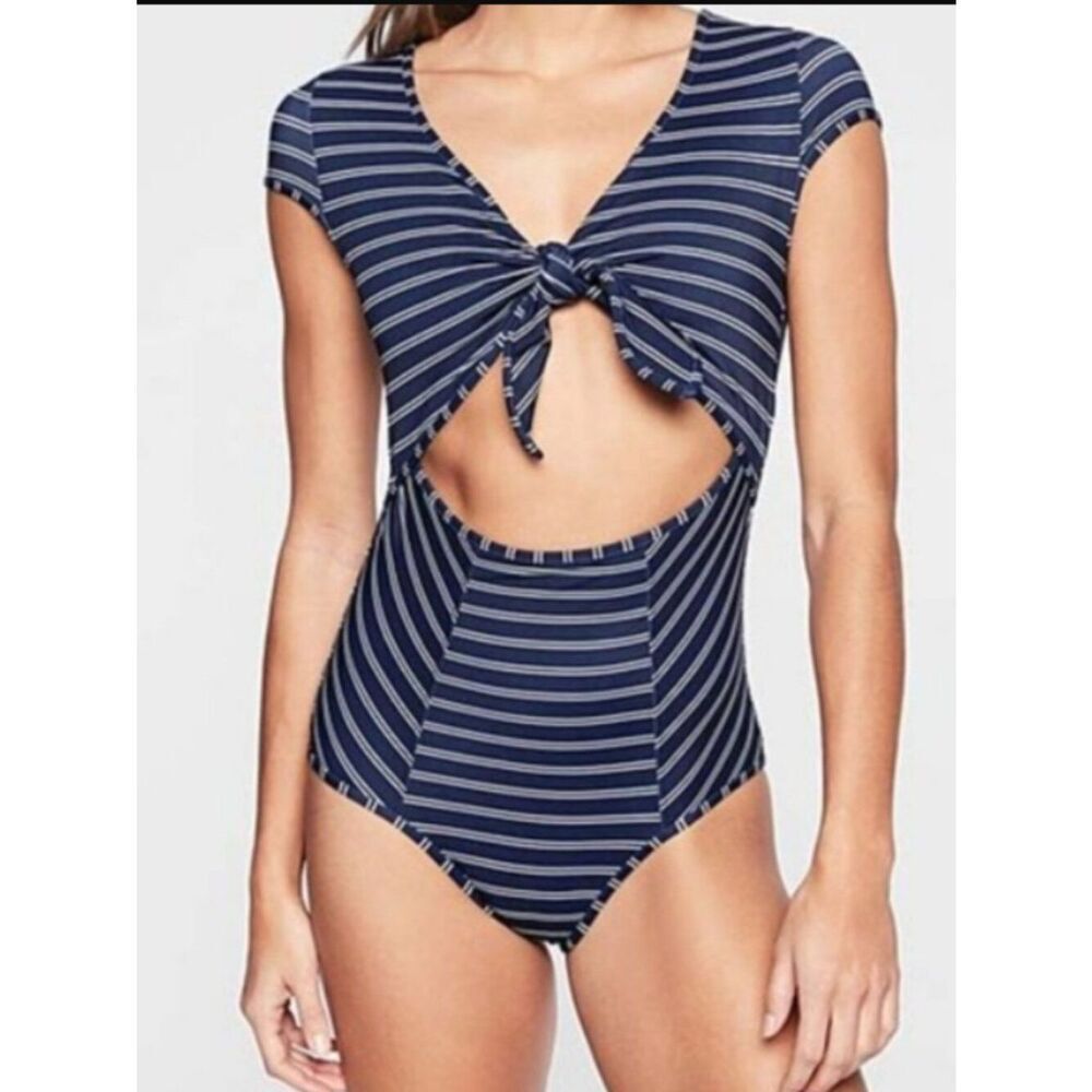 Athleta Swimsuit French Stripe Navy Blue Tie Front Cut Out One Piece | Size XS
